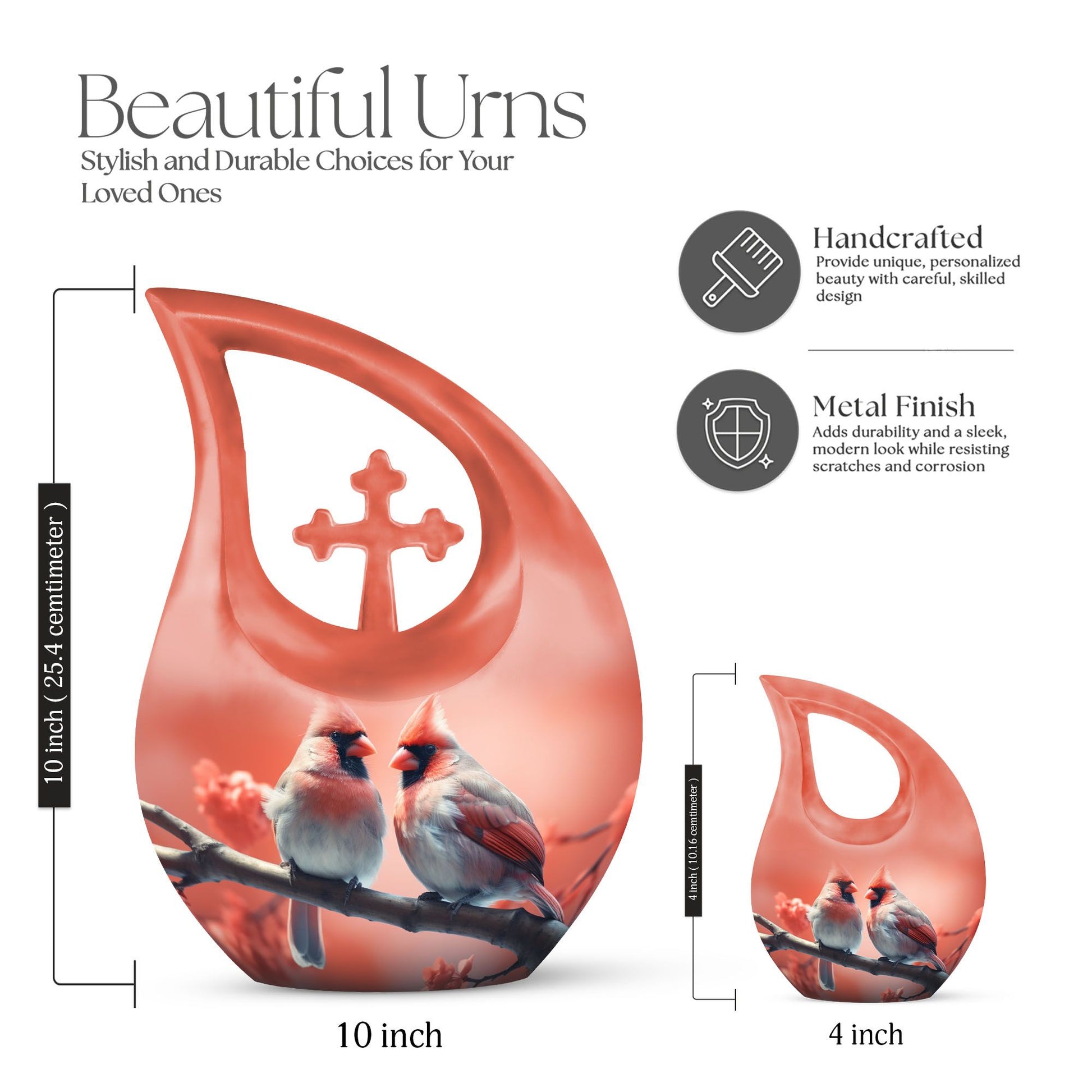 10 Inch Cross Drop Design Cardinal Bird Urn