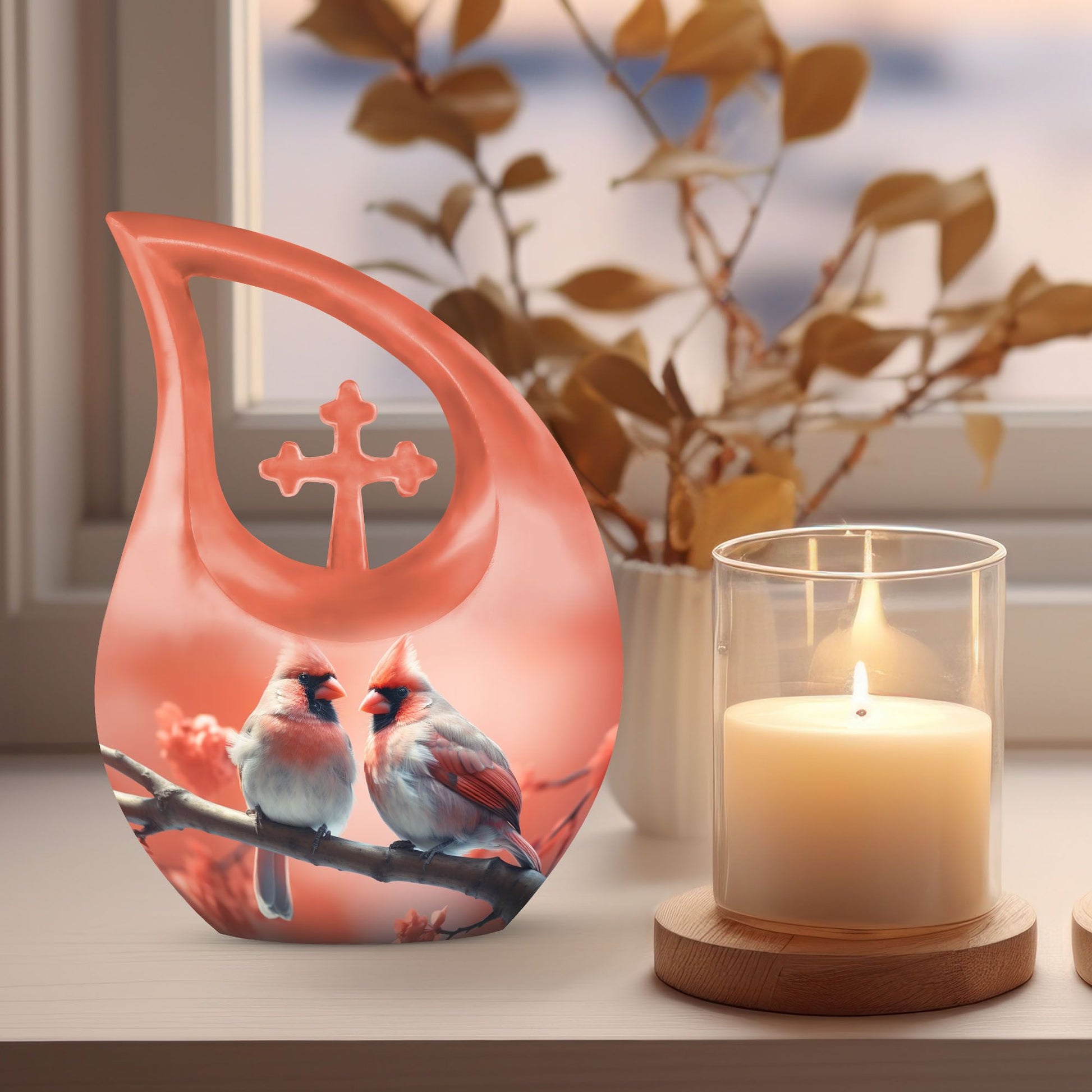 10 Inch Cross Drop Design Cardinal Bird Urn