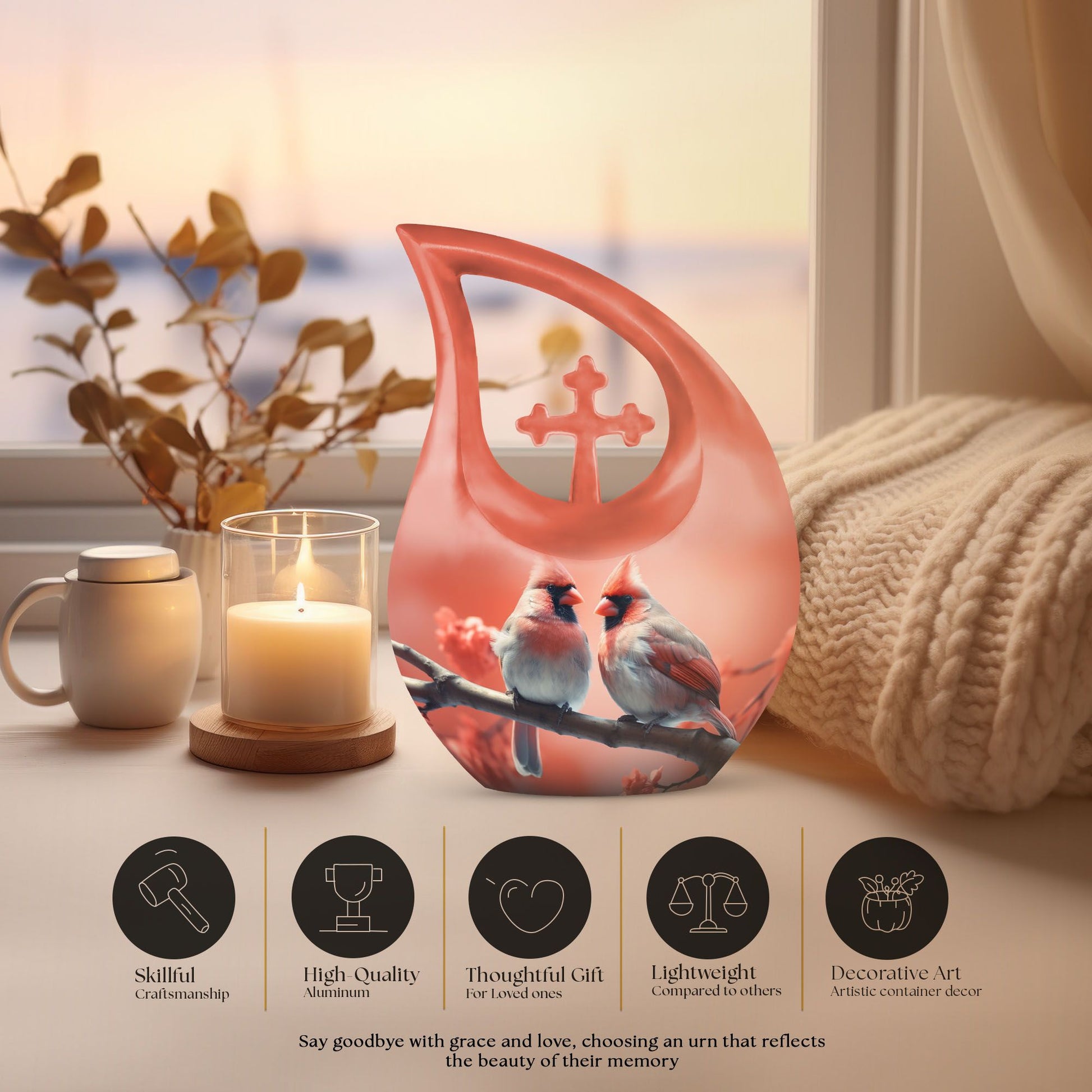 10 Inch Cross Drop Design Cardinal Bird Urn