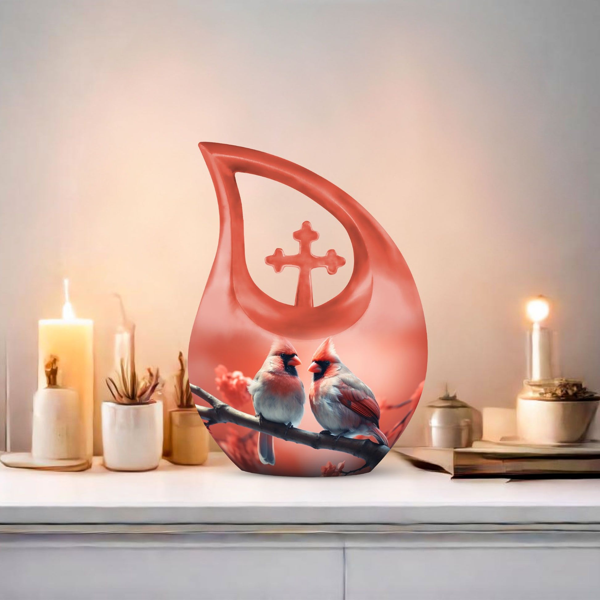 10 Inch Cross Drop Design Cardinal Bird Urn