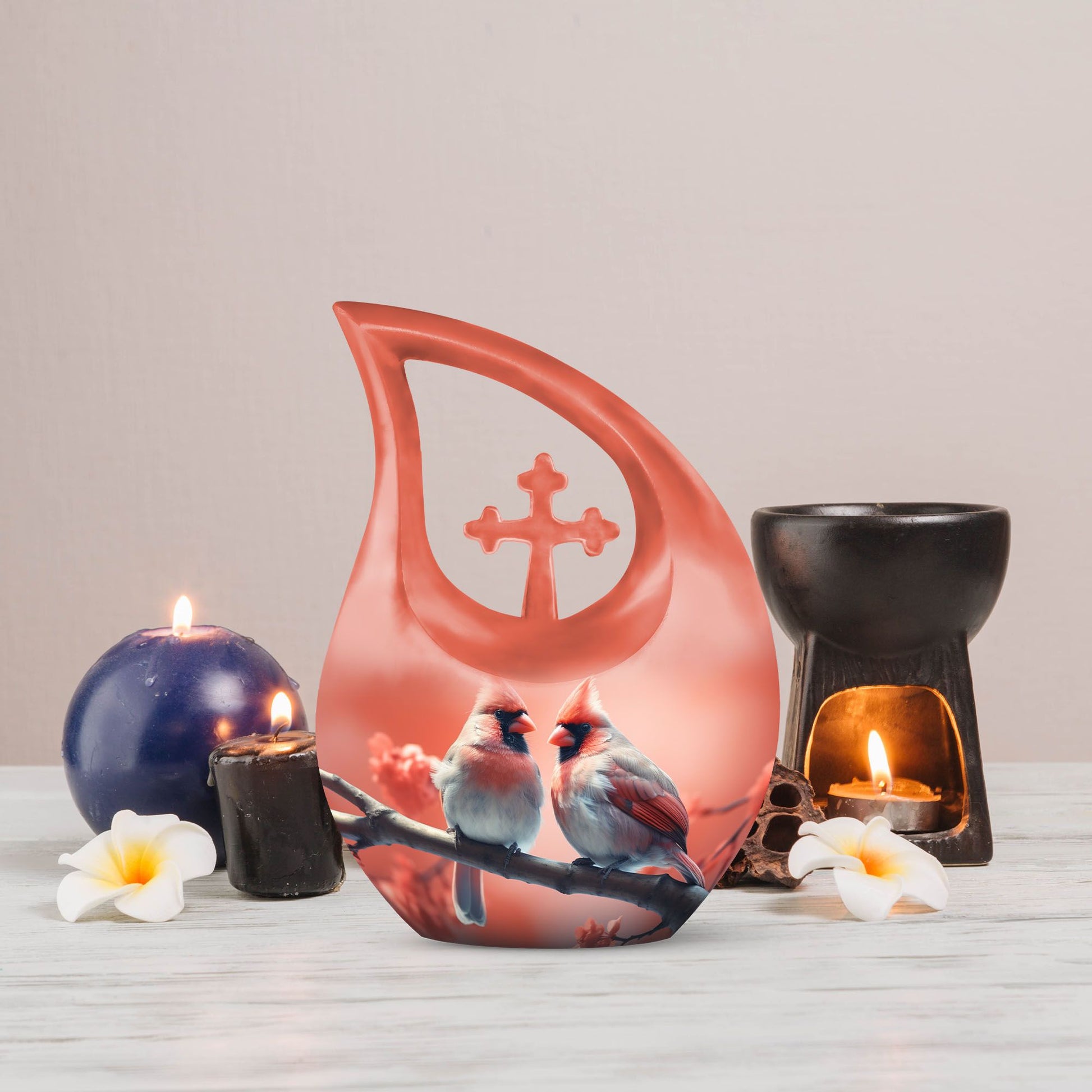 10 Inch Cross Drop Design Cardinal Bird Urn