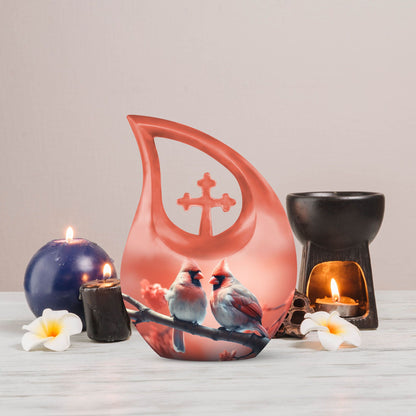 10 Inch Cross Drop Design Cardinal Bird Urn