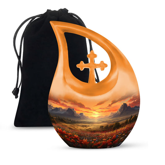 Nature-Themed Cross Drop Medium Size Aluminium Urn, 