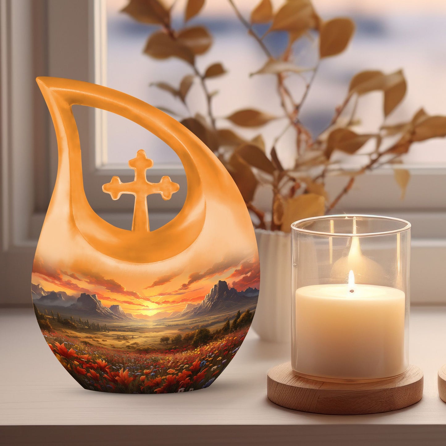 Nature-Themed Cross Drop Medium Size Aluminium Urn, 
