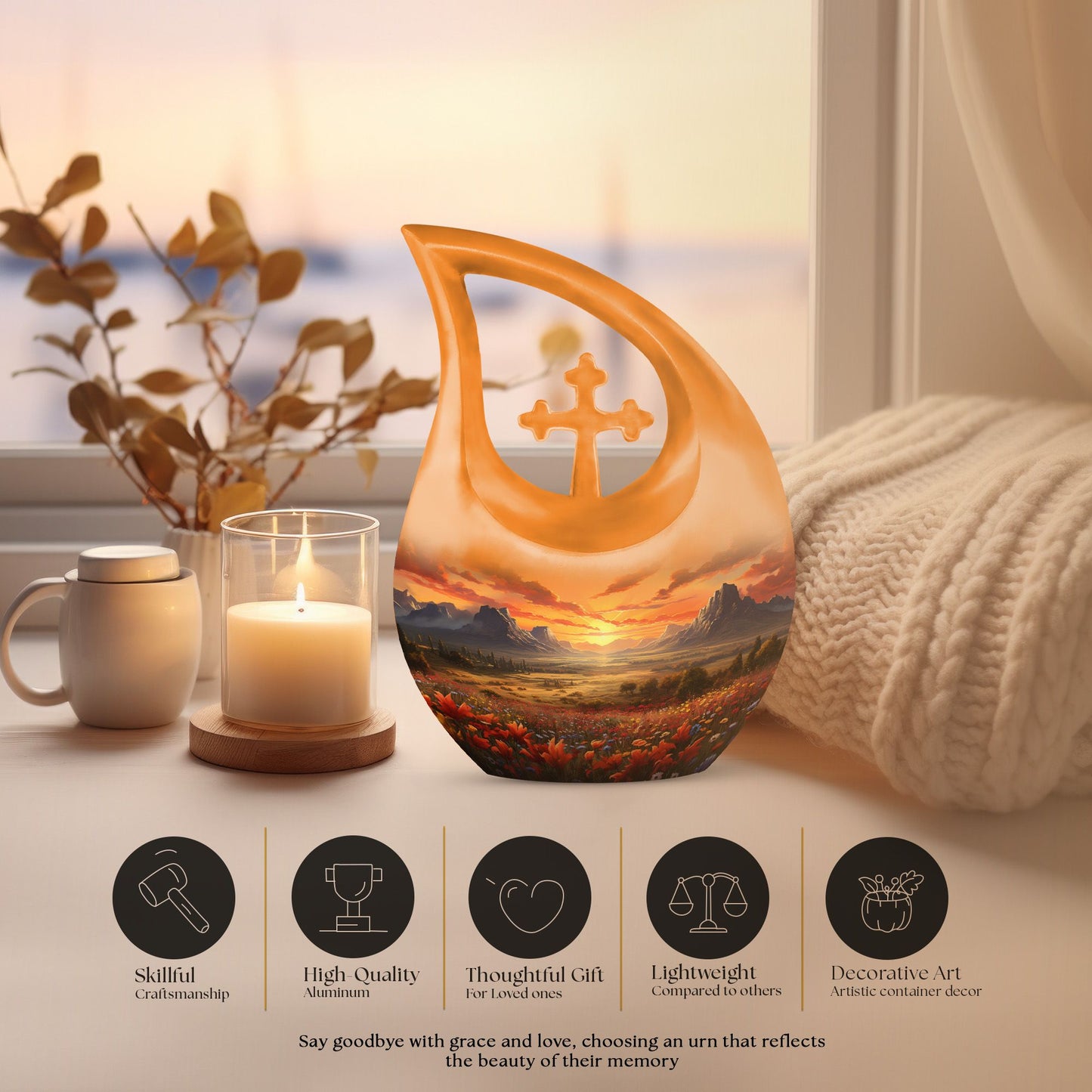 Nature-Themed Cross Drop Medium Size Aluminium Urn, 