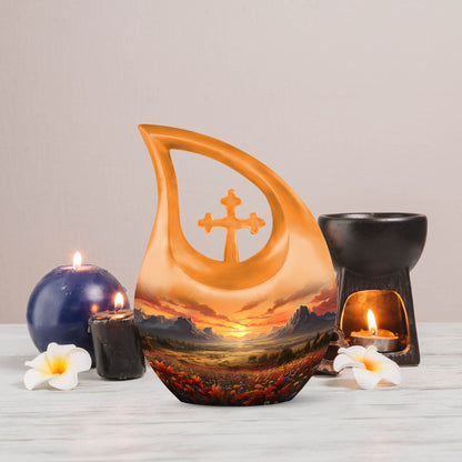 Nature-Themed Cross Drop Medium Size Aluminium Urn, 