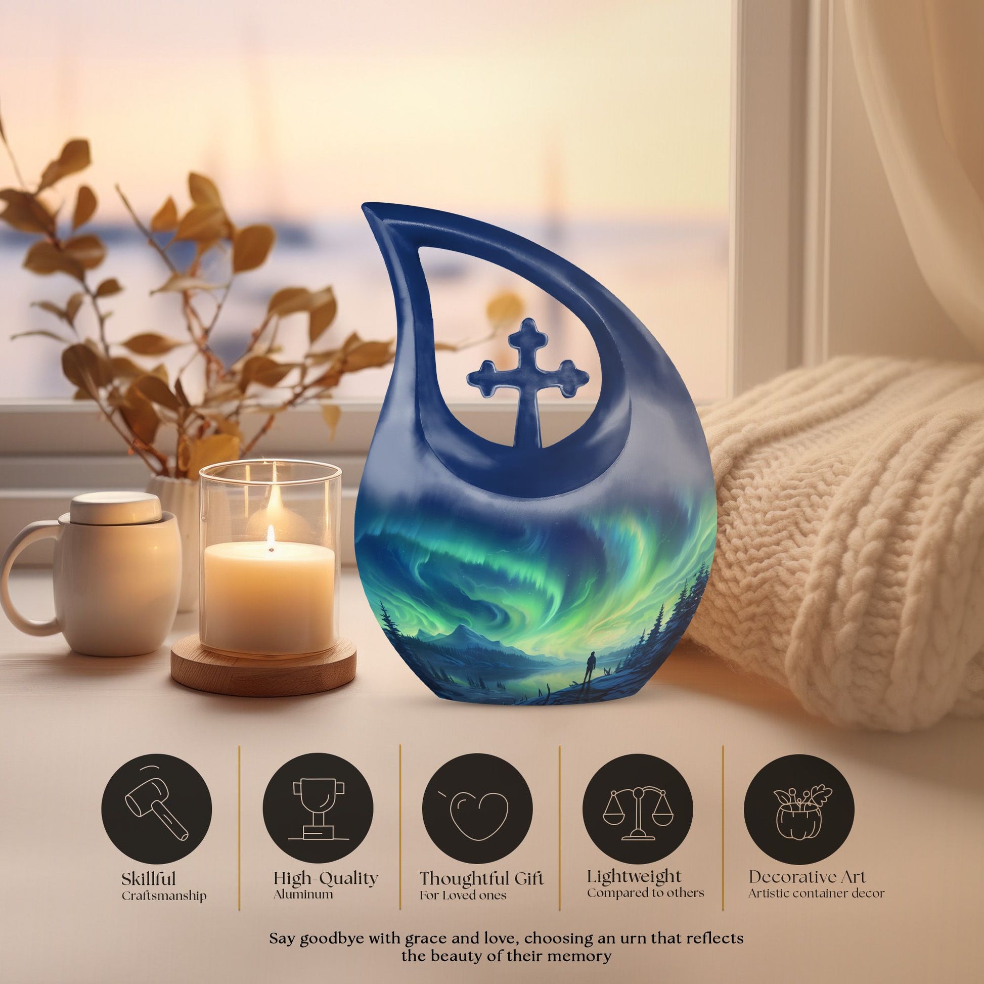 Spectacular Aurora Over Cross Drop memorial urn