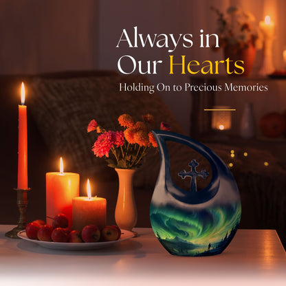 Spectacular Aurora Over Cross Drop memorial urn