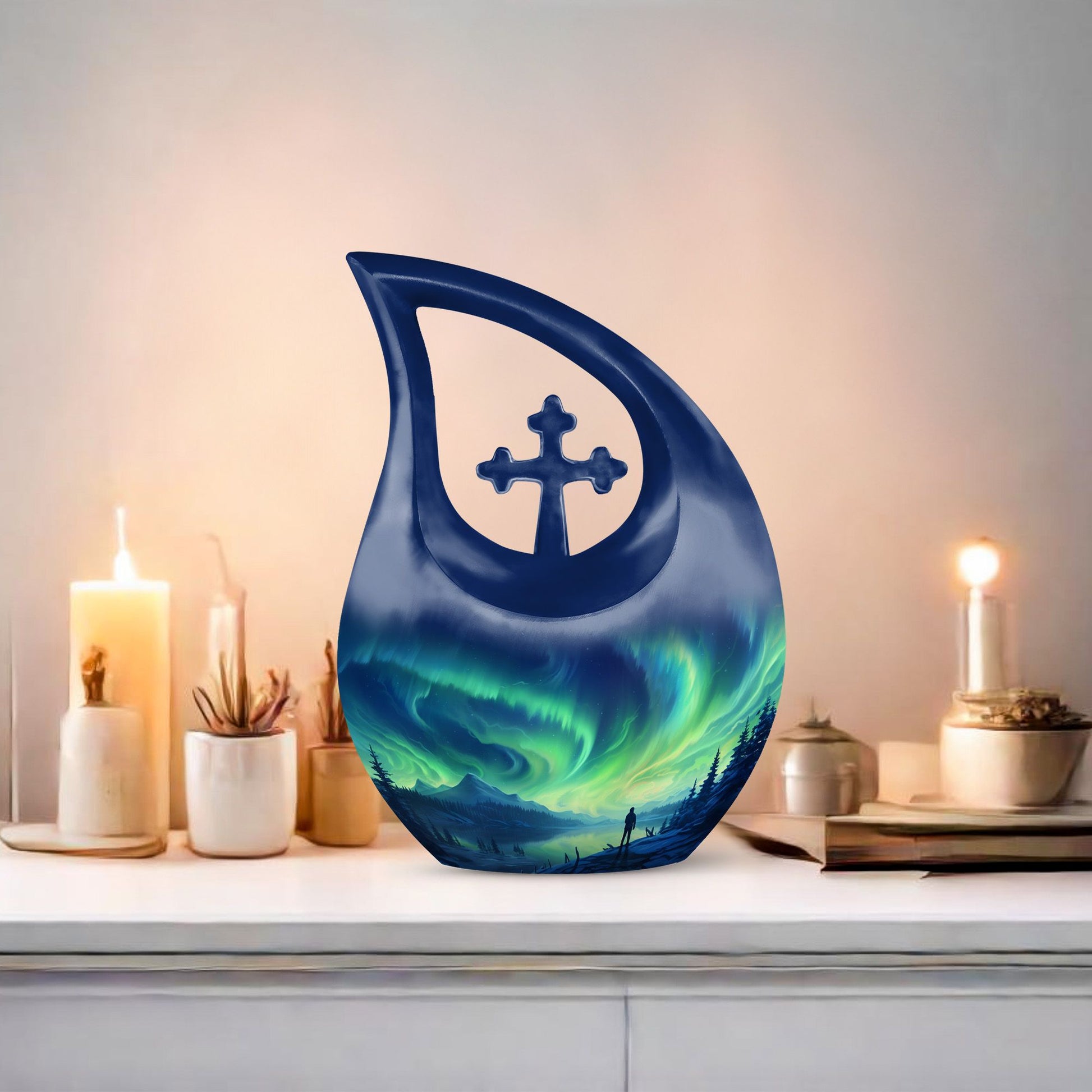 Spectacular Aurora Over Cross Drop memorial urn