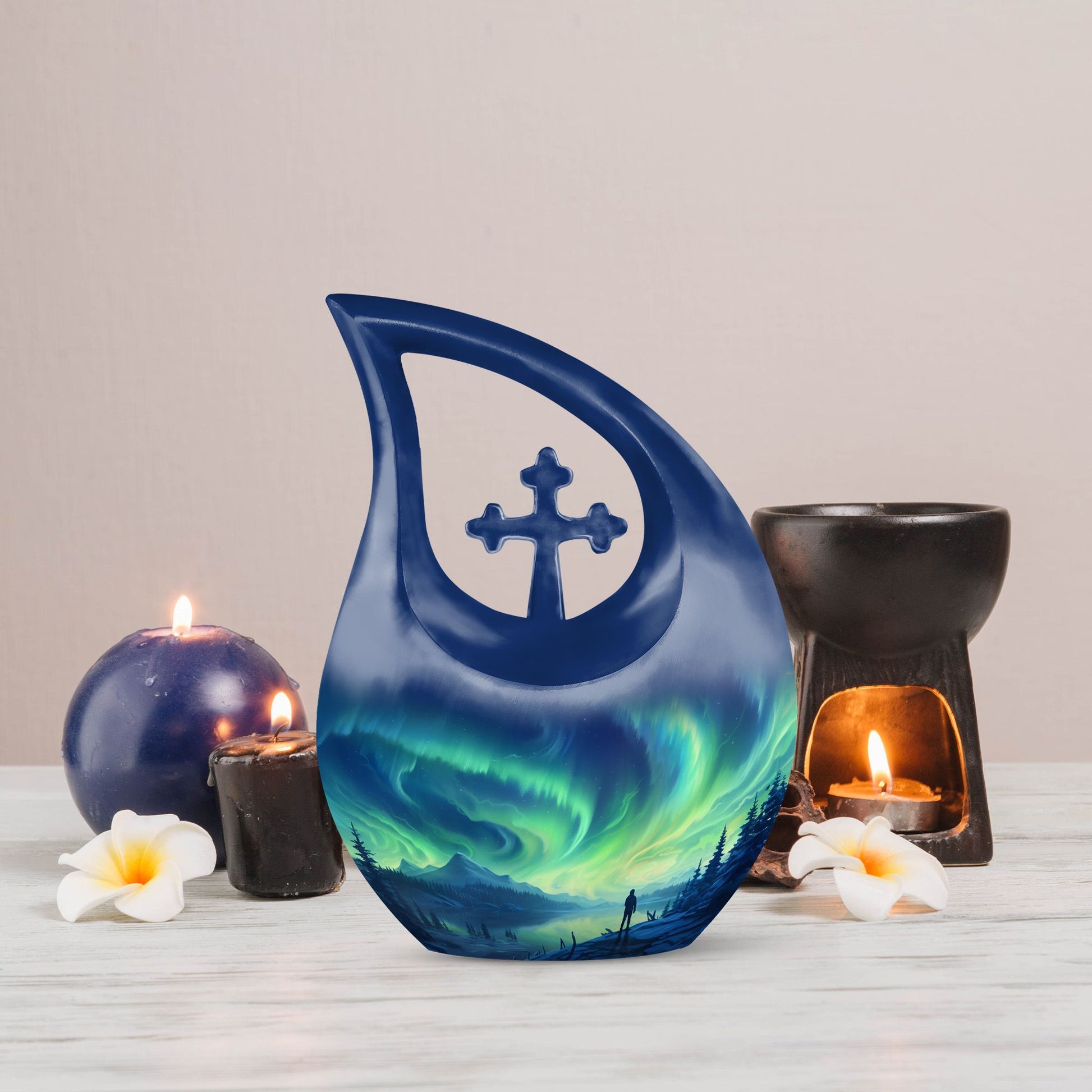 Spectacular Aurora Over Cross Drop memorial urn
