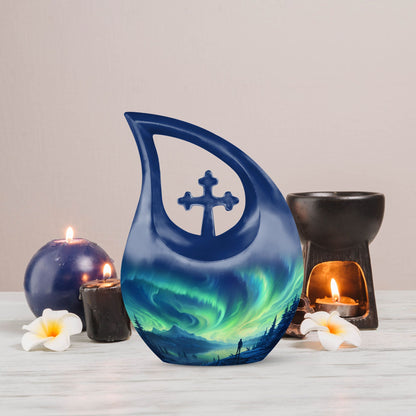 Spectacular Aurora Over Cross Drop memorial urn