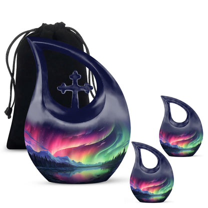 10-inch Auroral Splendor Over Cross Drop design, Outdoor Urn