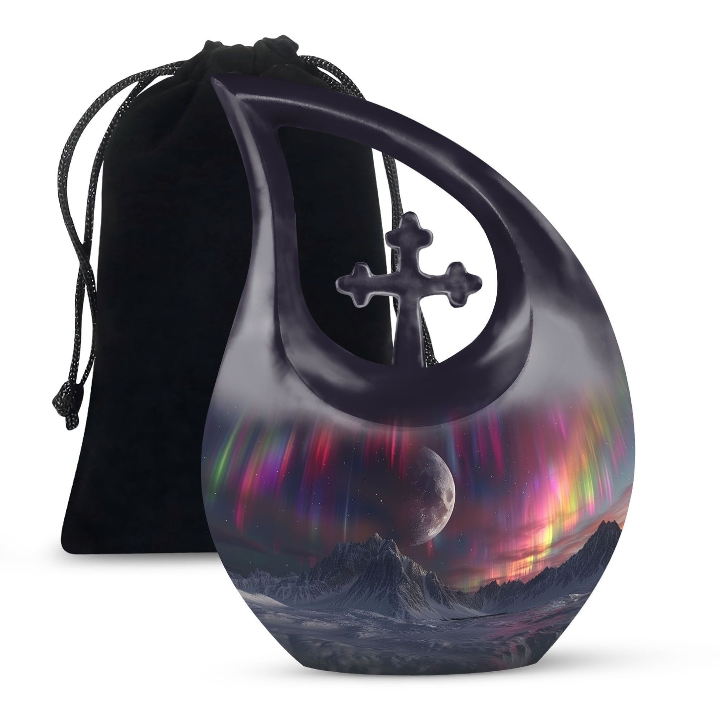 10-inch Cosmic Curtains Over Cross Drop design biodegradable urn