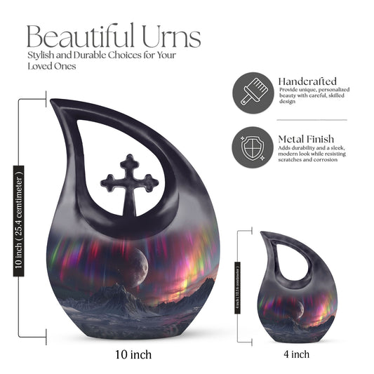10-inch Cosmic Curtains Over Cross Drop design biodegradable urn