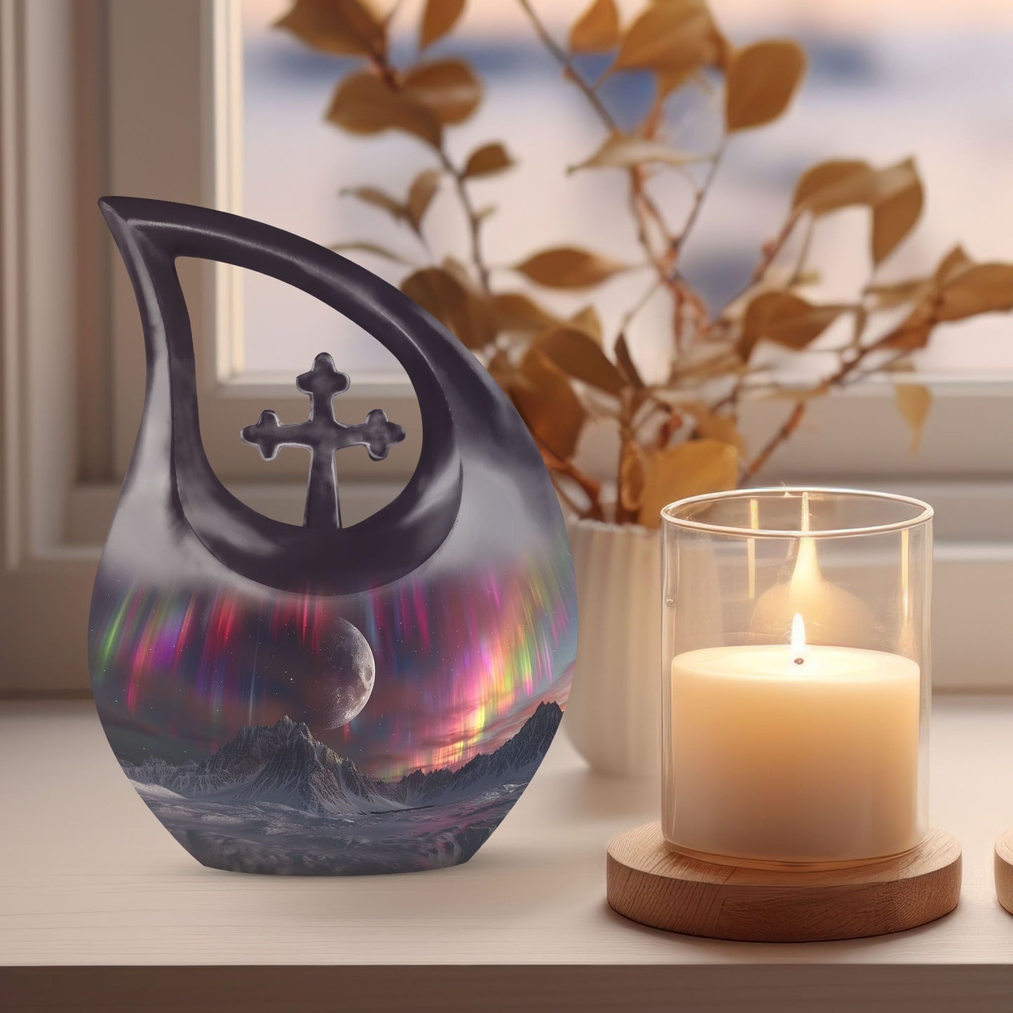 10-inch Cosmic Curtains Over Cross Drop design biodegradable urn