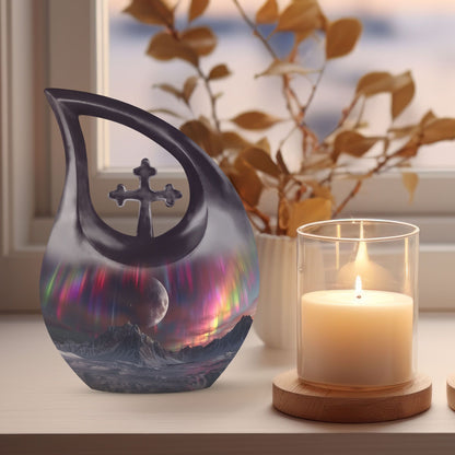 10-inch Cosmic Curtains Over Cross Drop design biodegradable urn