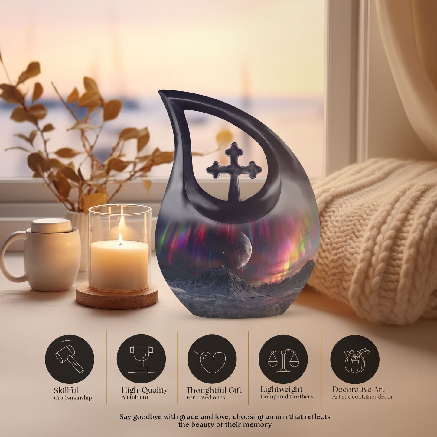 10-inch Cosmic Curtains Over Cross Drop design biodegradable urn