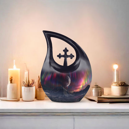 10-inch Cosmic Curtains Over Cross Drop design biodegradable urn