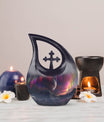 10-inch Cosmic Curtains Over Cross Drop design biodegradable urn