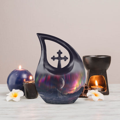 10-inch Cosmic Curtains Over Cross Drop design biodegradable urn