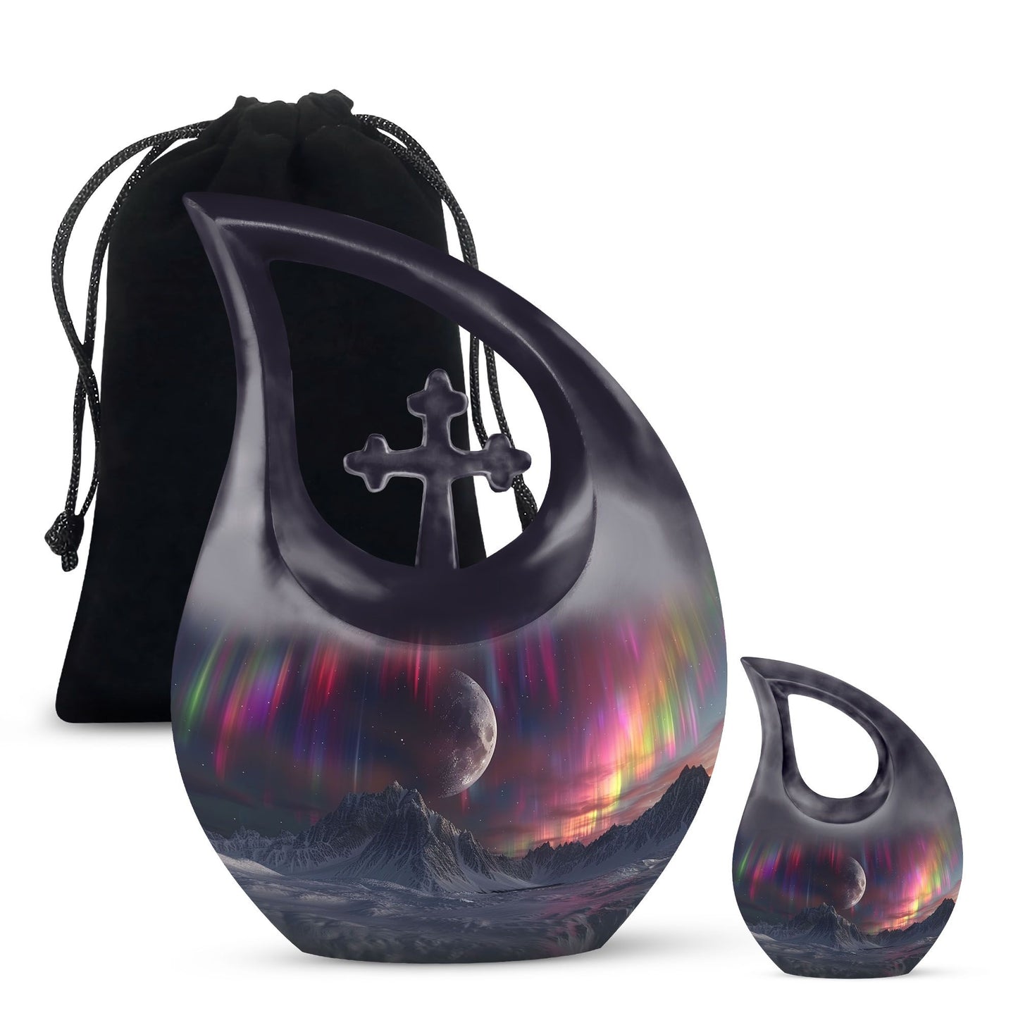 10-inch Cosmic Curtains Over Cross Drop design biodegradable urn