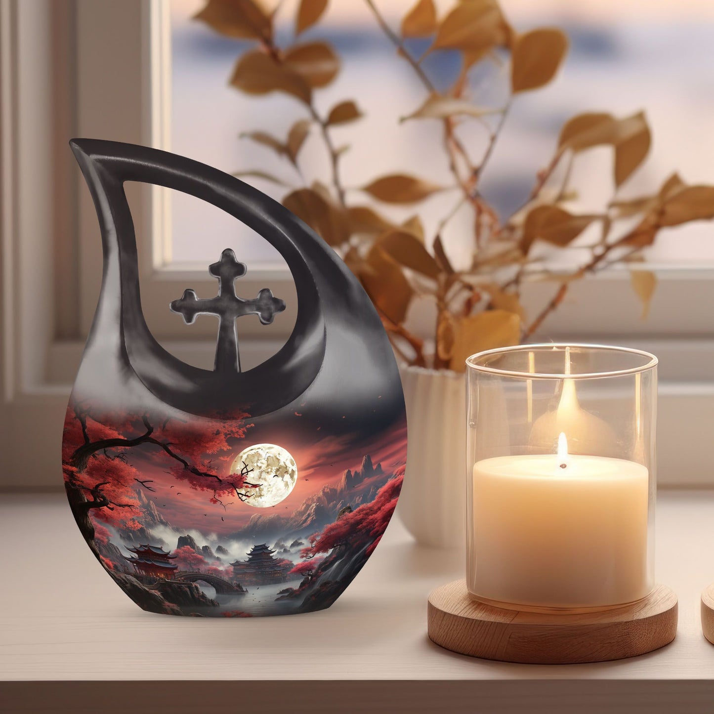 10-Inch Moonlit Sakura Sanctuary Cross Drop Memorial Urn