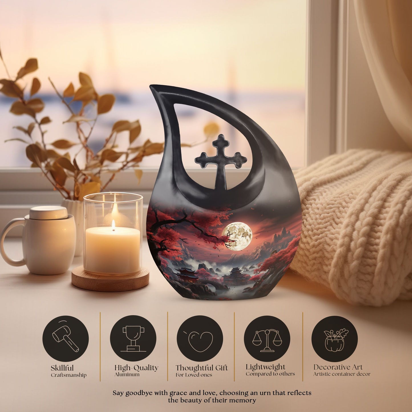 10-Inch Moonlit Sakura Sanctuary Cross Drop Memorial Urn