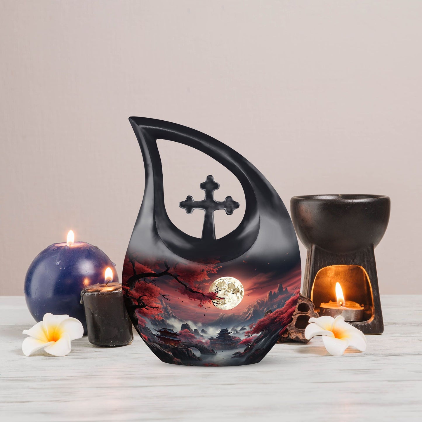 10-Inch Moonlit Sakura Sanctuary Cross Drop Memorial Urn