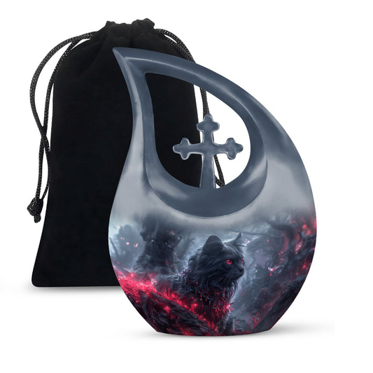 Infernal Feline Gaze Urn, large 10-inch aluminium cross drop design for adult ashes