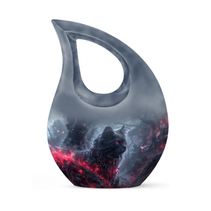 Infernal Feline Gaze Urn, large 10-inch aluminium cross drop design for adult ashes