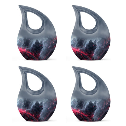 Infernal Feline Gaze Urn, large 10-inch aluminium cross drop design for adult ashes