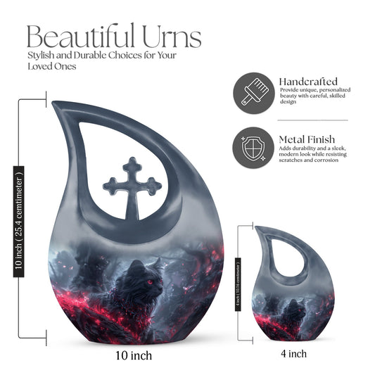 Infernal Feline Gaze Urn, large 10-inch aluminium cross drop design for adult ashes