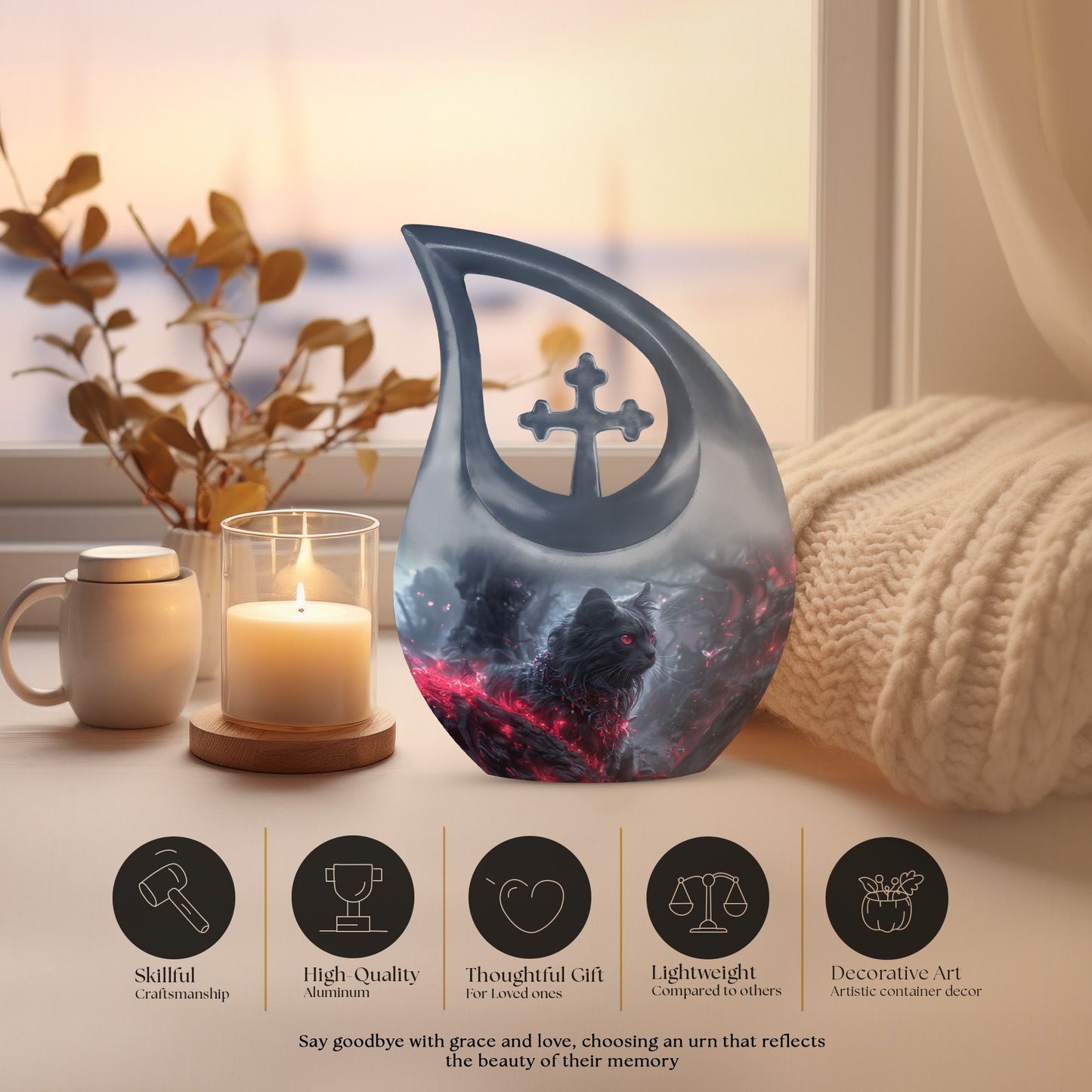 Infernal Feline Gaze Urn, large 10-inch aluminium cross drop design for adult ashes