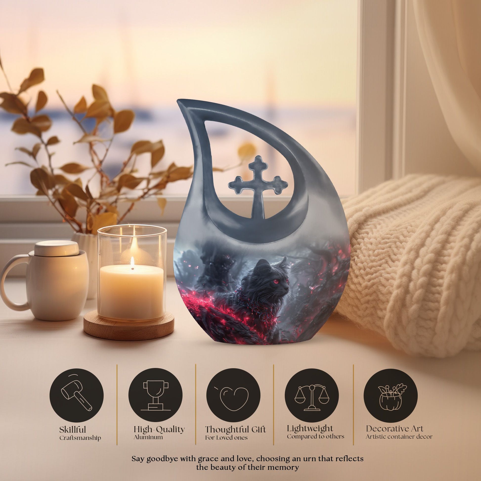 Infernal Feline Gaze Urn, large 10-inch aluminium cross drop design for adult ashes