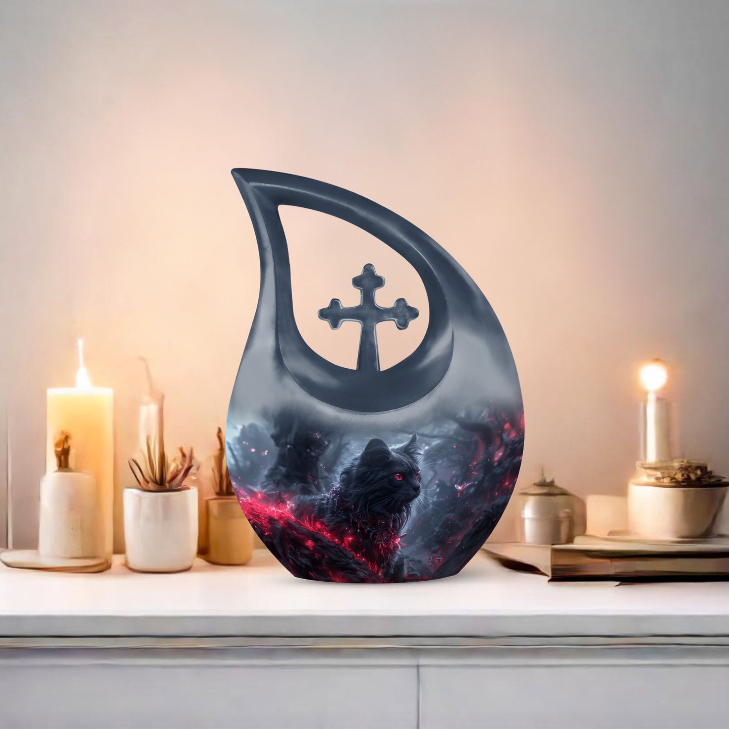 Infernal Feline Gaze Urn, large 10-inch aluminium cross drop design for adult ashes