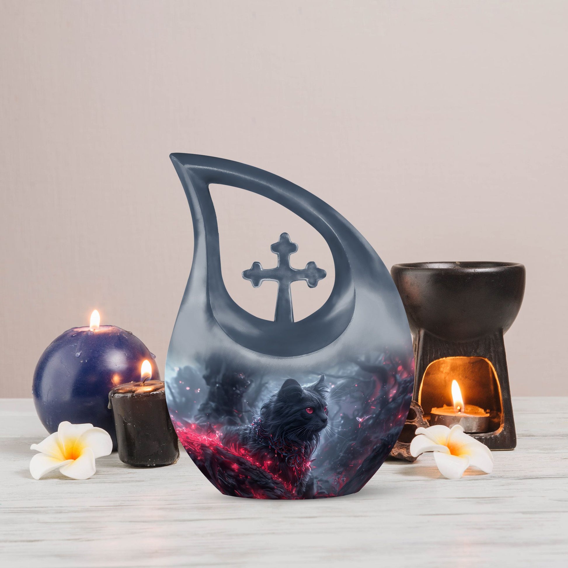 Infernal Feline Gaze Urn, large 10-inch aluminium cross drop design for adult ashes