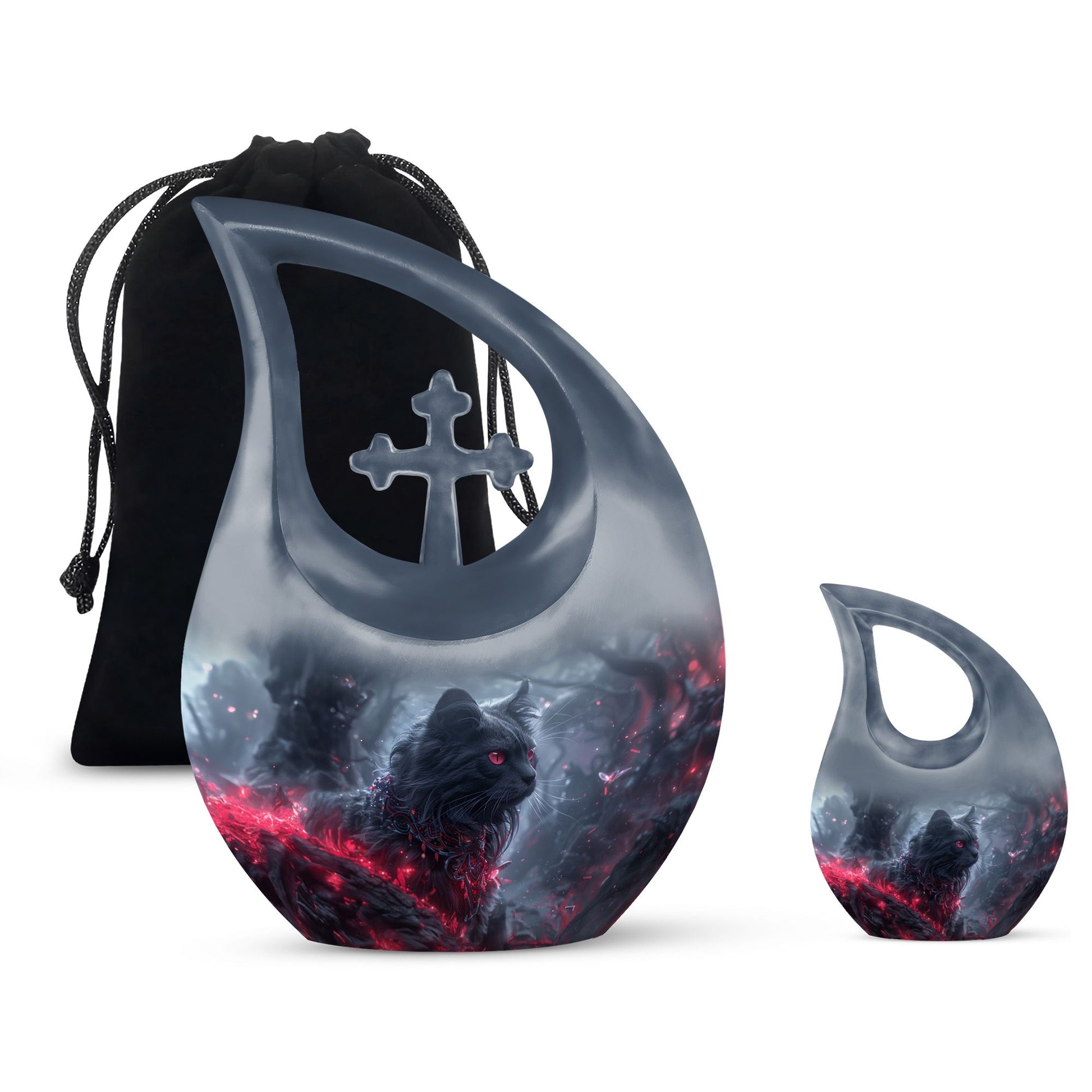Infernal Feline Gaze Urn, large 10-inch aluminium cross drop design for adult ashes