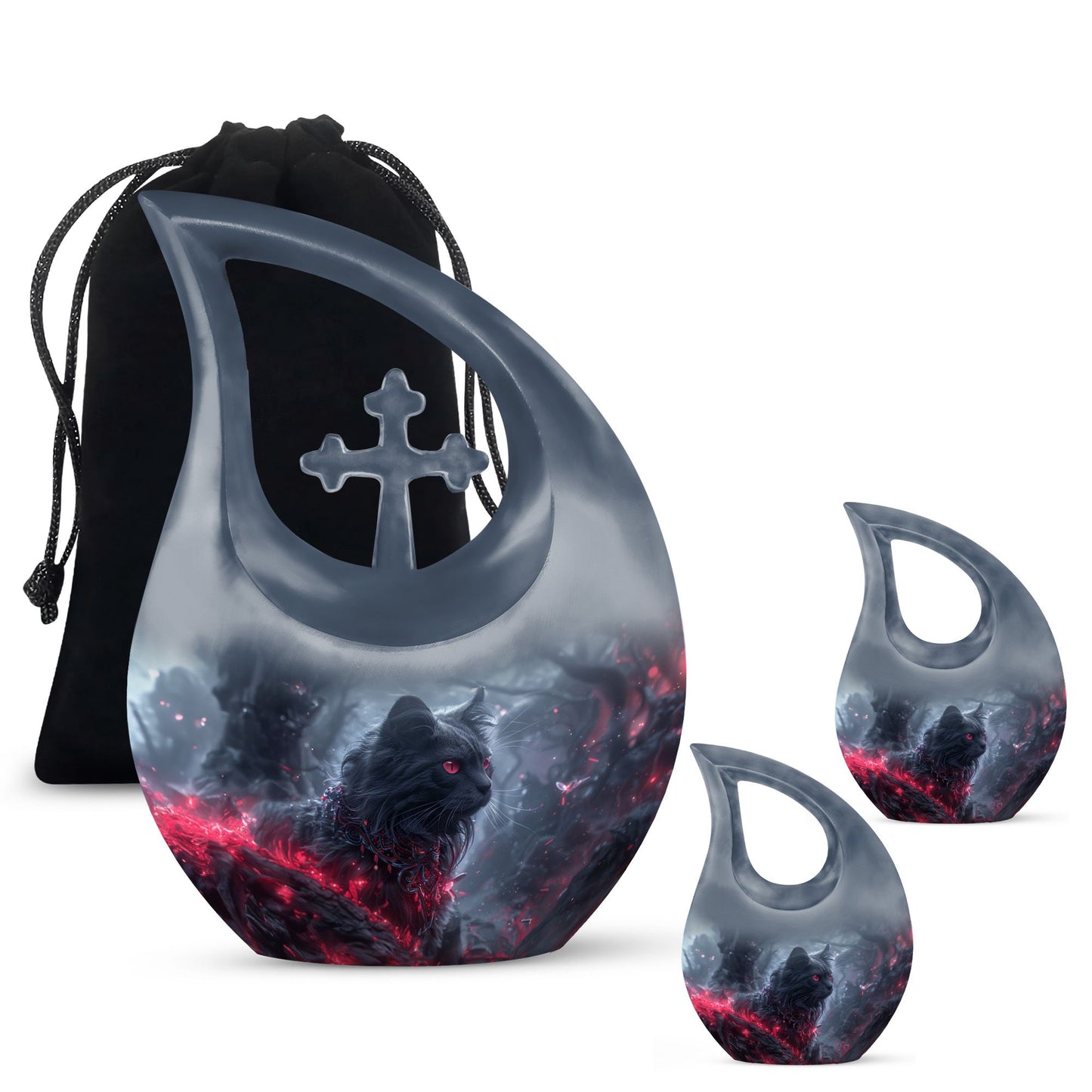 Infernal Feline Gaze Urn, large 10-inch aluminium cross drop design for adult ashes