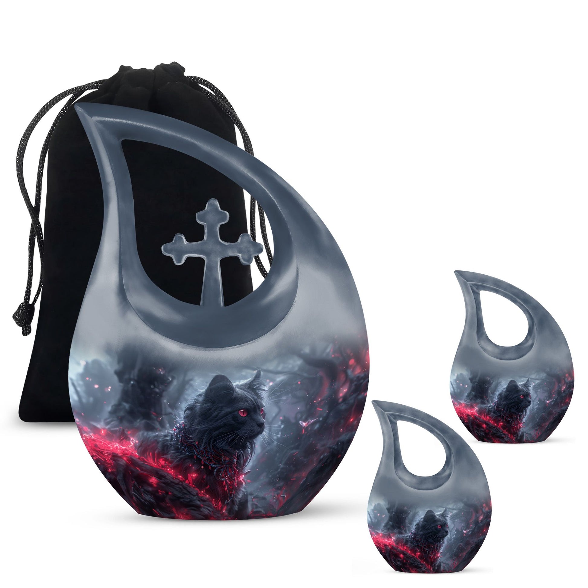 Infernal Feline Gaze Urn, large 10-inch aluminium cross drop design for adult ashes