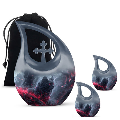 Infernal Feline Gaze Urn, large 10-inch aluminium cross drop design for adult ashes