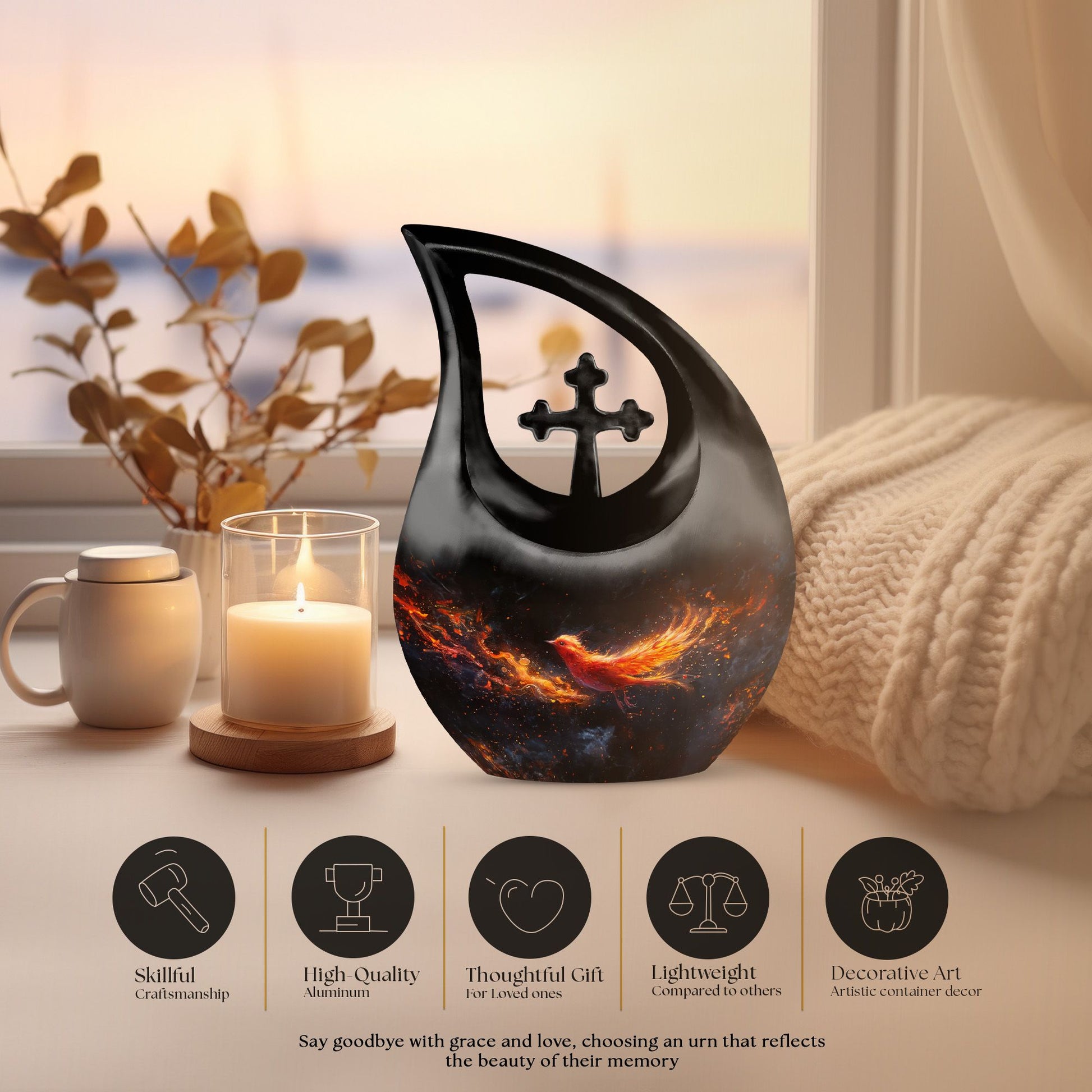 Rebirth Blaze Urn, 10 Inch Large Aluminium Cross Drop Urn