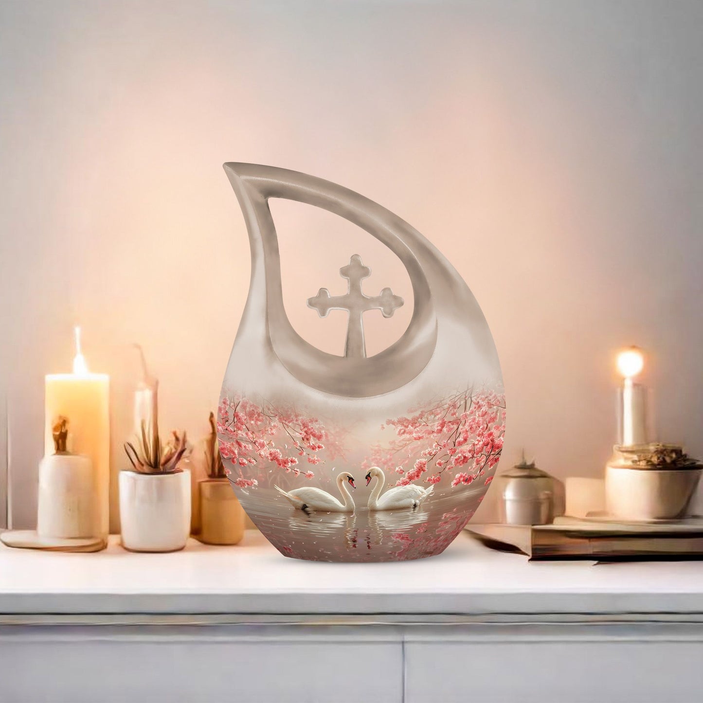 10-inch Cherry Blossom Serenade urn with Cross Drop design