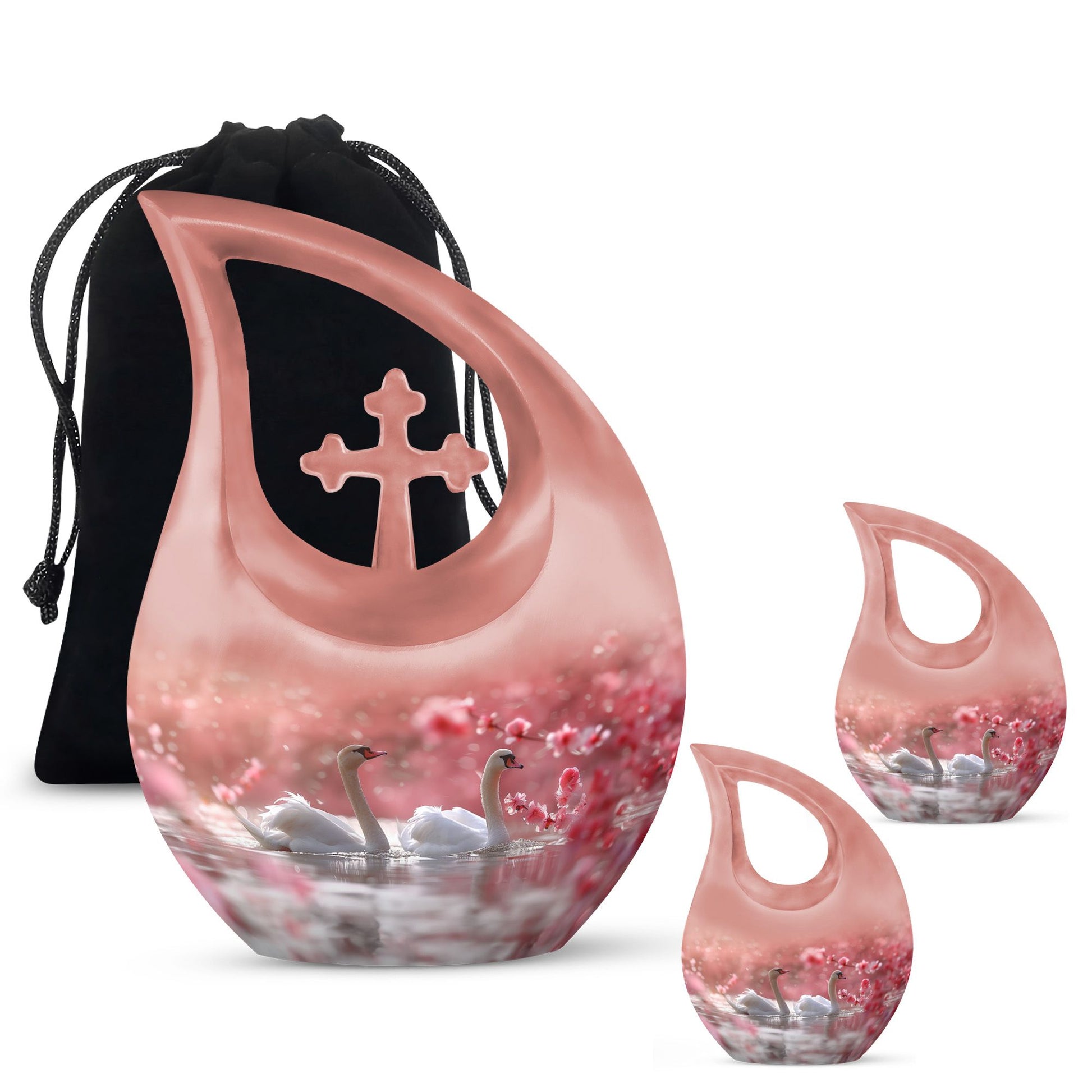 Elegant White Swan Urn – Pink Cherry Blossom Design For Human Ashes