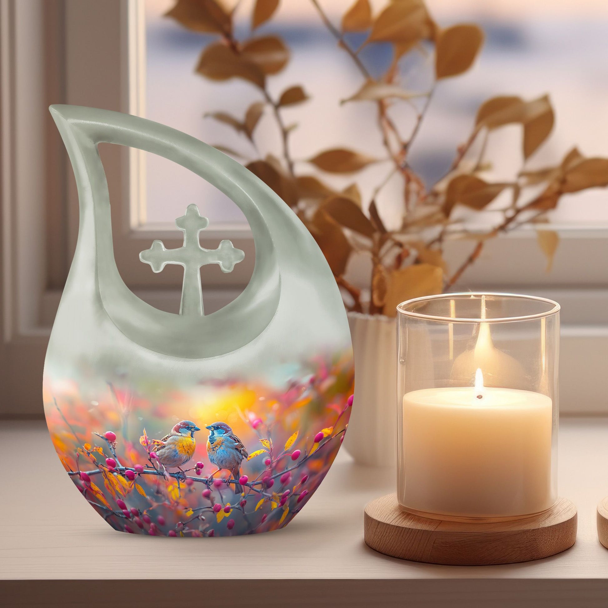 10-Inch Autumn Berries Chatter Urn with Cross Drop