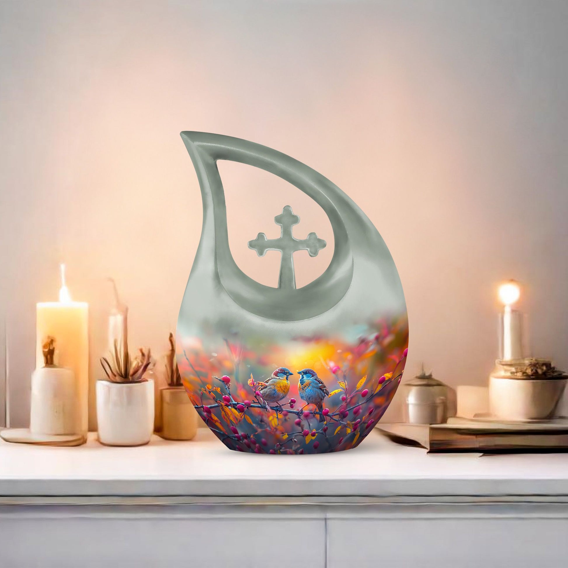 10-Inch Autumn Berries Chatter Urn with Cross Drop