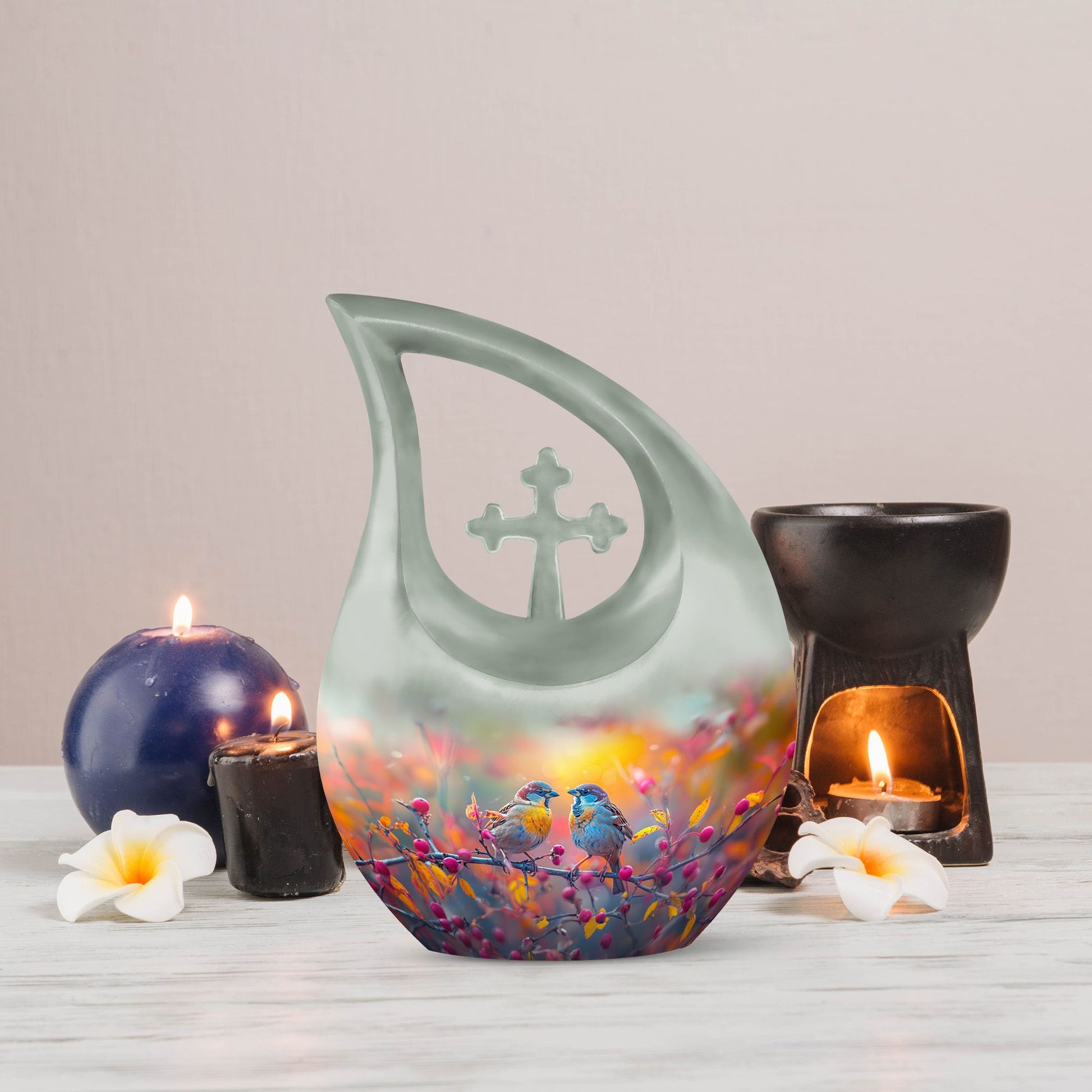 10-Inch Autumn Berries Chatter Urn with Cross Drop