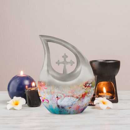 Vibrant Swan Elegance Urn in Cross Drop 