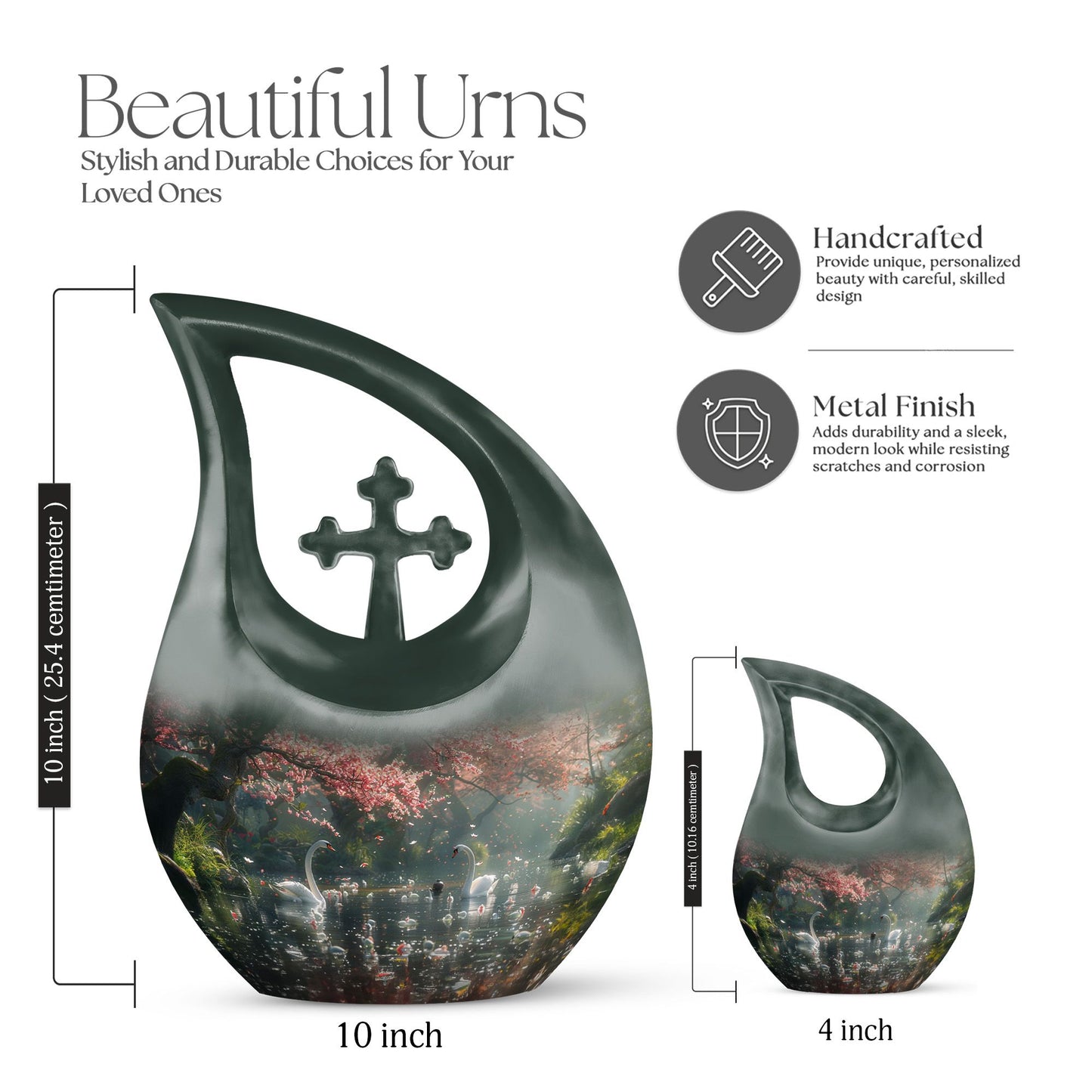 springtime swan reflection urn with cross drop design 