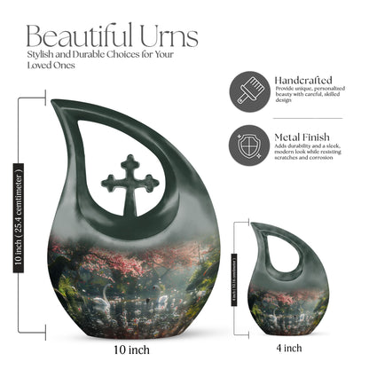 springtime swan reflection urn with cross drop design 