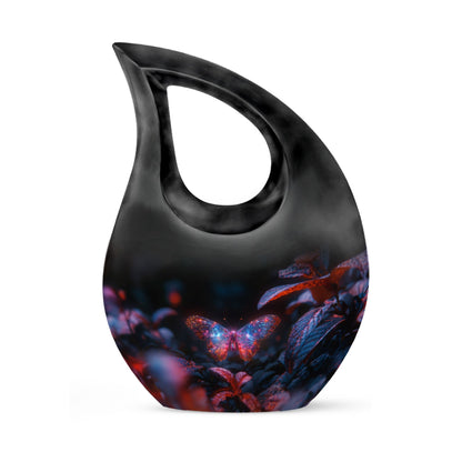 Butterfly Urn for Human Ashes, Sparkly Purple Wings Among Red Leaves, Black Gloss Urn